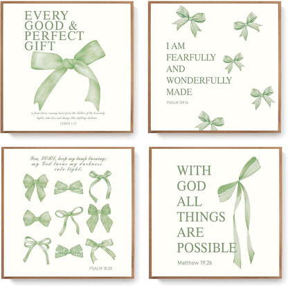Coquette Yellow Bow Wall Art Decor Posters, Butter Yellow Bow Room Bedroom Bathroom Dorm Wall Art Decor Aesthetic for College Teen Girls Gifts, Inspirational Bible Verses Bow Wall Decor, 10x8 Inch Set of 4 Pcs Bow Pictures (UNFRAMED)