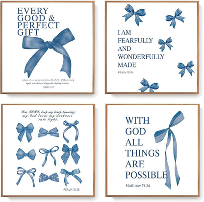 Coquette Yellow Bow Wall Art Decor Posters, Butter Yellow Bow Room Bedroom Bathroom Dorm Wall Art Decor Aesthetic for College Teen Girls Gifts, Inspirational Bible Verses Bow Wall Decor, 10x8 Inch Set of 4 Pcs Bow Pictures (UNFRAMED)