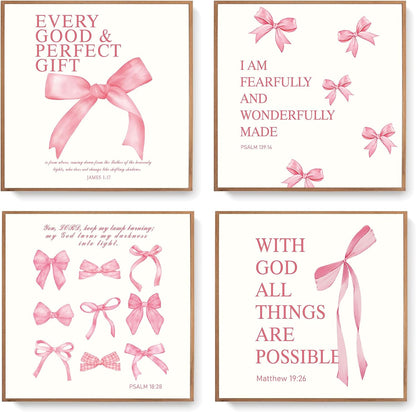 Coquette Yellow Bow Wall Art Decor Posters, Butter Yellow Bow Room Bedroom Bathroom Dorm Wall Art Decor Aesthetic for College Teen Girls Gifts, Inspirational Bible Verses Bow Wall Decor, 10x8 Inch Set of 4 Pcs Bow Pictures (UNFRAMED)