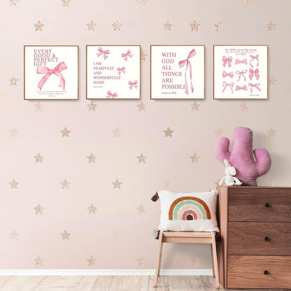 Coquette Yellow Bow Wall Art Decor Posters, Butter Yellow Bow Room Bedroom Bathroom Dorm Wall Art Decor Aesthetic for College Teen Girls Gifts, Inspirational Bible Verses Bow Wall Decor, 10x8 Inch Set of 4 Pcs Bow Pictures (UNFRAMED)