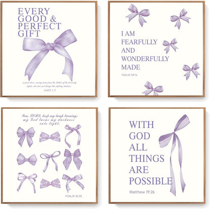Coquette Yellow Bow Wall Art Decor Posters, Butter Yellow Bow Room Bedroom Bathroom Dorm Wall Art Decor Aesthetic for College Teen Girls Gifts, Inspirational Bible Verses Bow Wall Decor, 10x8 Inch Set of 4 Pcs Bow Pictures (UNFRAMED)