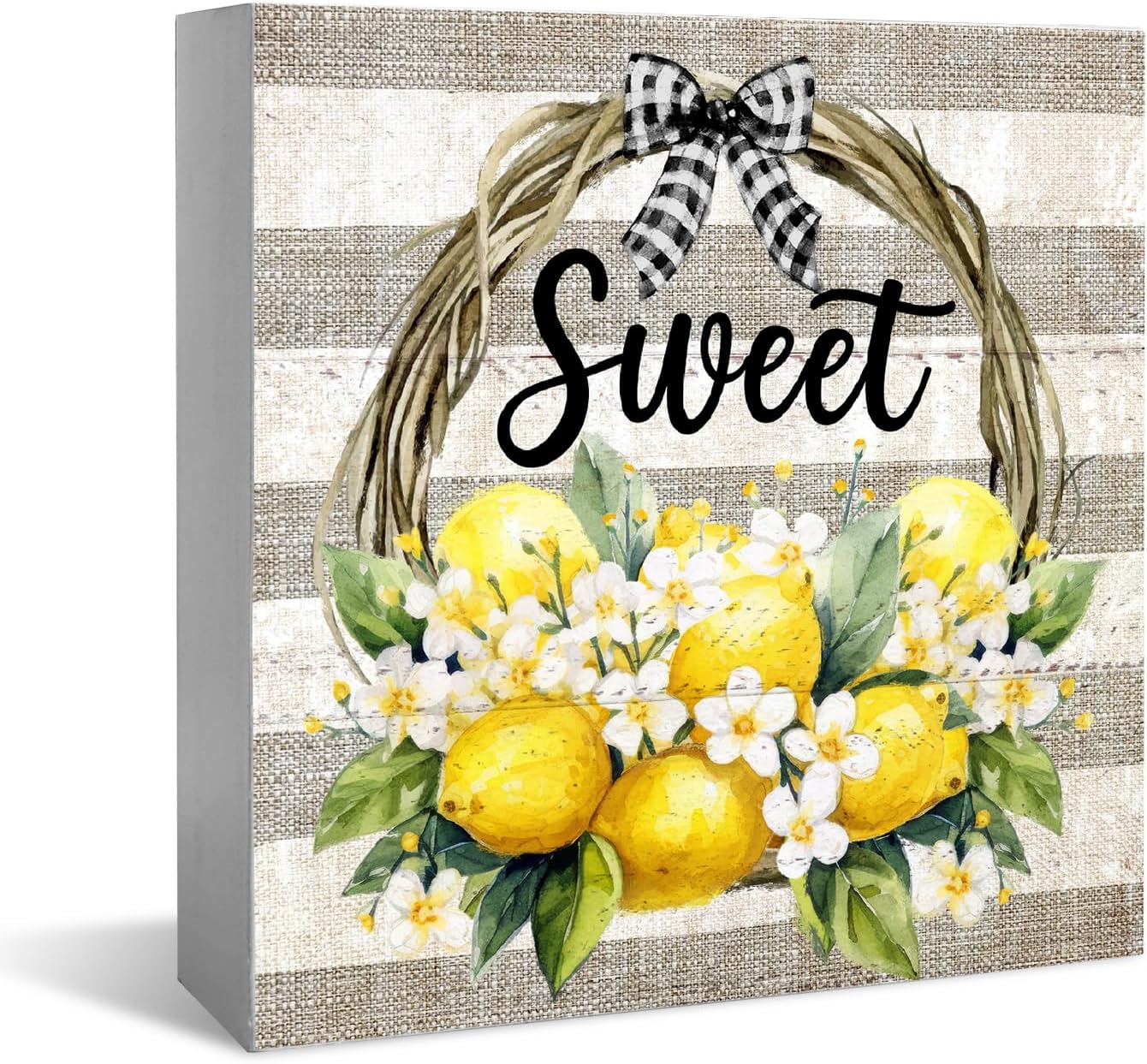 Farm Fresh Lemon Wooden Box Sign, Farmhouse Sweet Lemon Home Decor, Living Room Bedroom Shelf Flowers Leaves Shelf Farmhouse Desk Decorations 5 x 5 Inches, white