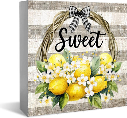 Farm Fresh Lemon Wooden Box Sign, Farmhouse Sweet Lemon Home Decor, Living Room Bedroom Shelf Flowers Leaves Shelf Farmhouse Desk Decorations 5 x 5 Inches, white