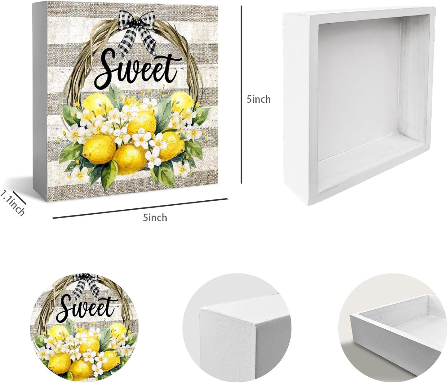 Farm Fresh Lemon Wooden Box Sign, Farmhouse Sweet Lemon Home Decor, Living Room Bedroom Shelf Flowers Leaves Shelf Farmhouse Desk Decorations 5 x 5 Inches, white