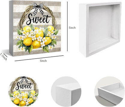 Farm Fresh Lemon Wooden Box Sign, Farmhouse Sweet Lemon Home Decor, Living Room Bedroom Shelf Flowers Leaves Shelf Farmhouse Desk Decorations 5 x 5 Inches, white