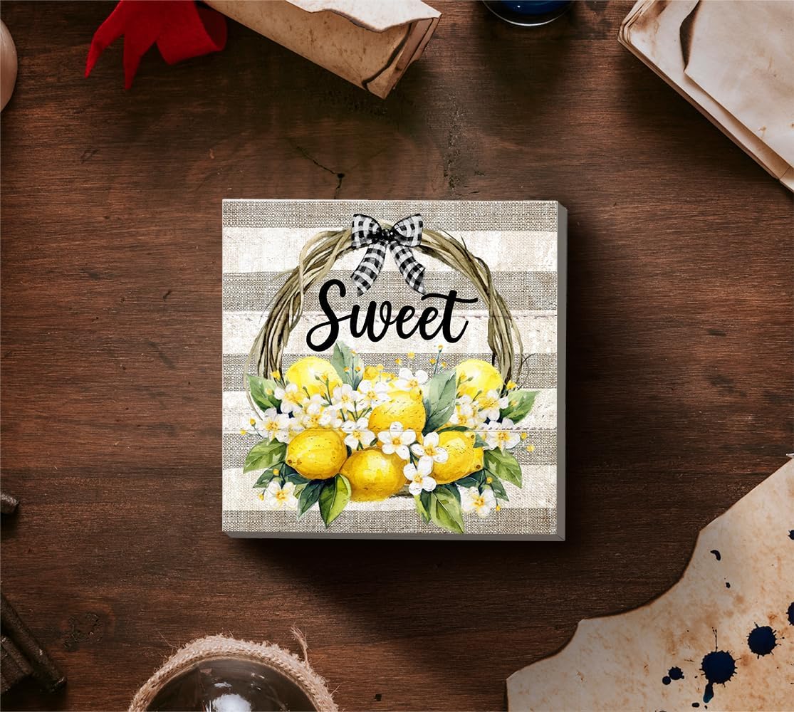Farm Fresh Lemon Wooden Box Sign, Farmhouse Sweet Lemon Home Decor, Living Room Bedroom Shelf Flowers Leaves Shelf Farmhouse Desk Decorations 5 x 5 Inches, white