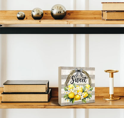 Farm Fresh Lemon Wooden Box Sign, Farmhouse Sweet Lemon Home Decor, Living Room Bedroom Shelf Flowers Leaves Shelf Farmhouse Desk Decorations 5 x 5 Inches, white