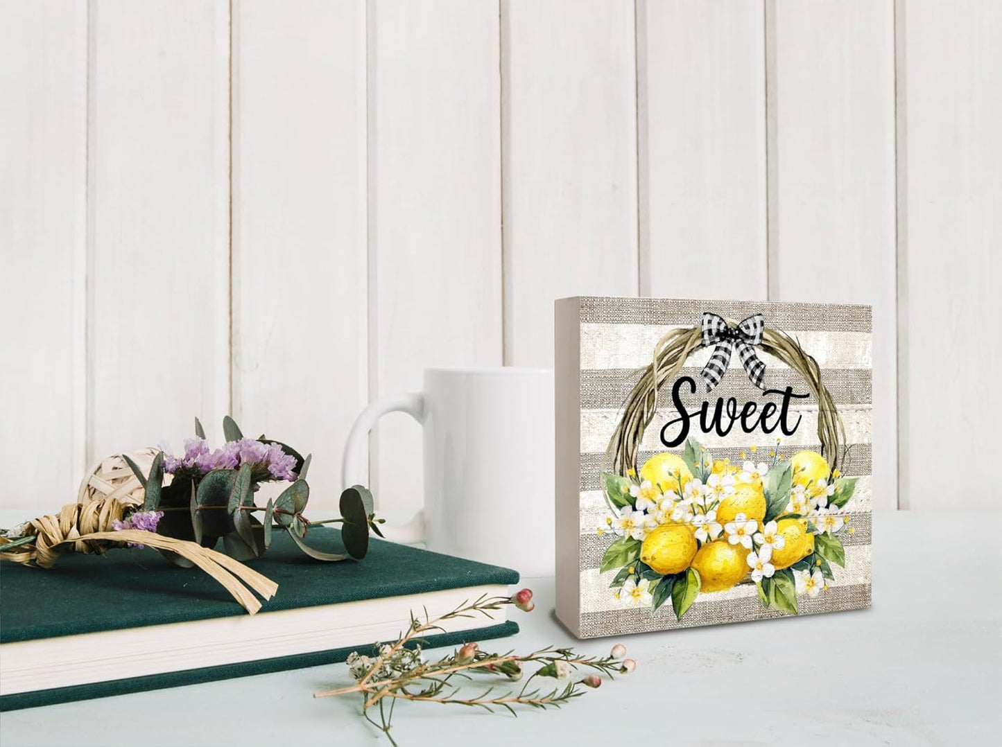 Farm Fresh Lemon Wooden Box Sign, Farmhouse Sweet Lemon Home Decor, Living Room Bedroom Shelf Flowers Leaves Shelf Farmhouse Desk Decorations 5 x 5 Inches, white