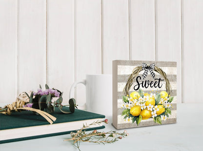 Farm Fresh Lemon Wooden Box Sign, Farmhouse Sweet Lemon Home Decor, Living Room Bedroom Shelf Flowers Leaves Shelf Farmhouse Desk Decorations 5 x 5 Inches, white