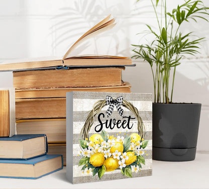 Farm Fresh Lemon Wooden Box Sign, Farmhouse Sweet Lemon Home Decor, Living Room Bedroom Shelf Flowers Leaves Shelf Farmhouse Desk Decorations 5 x 5 Inches, white