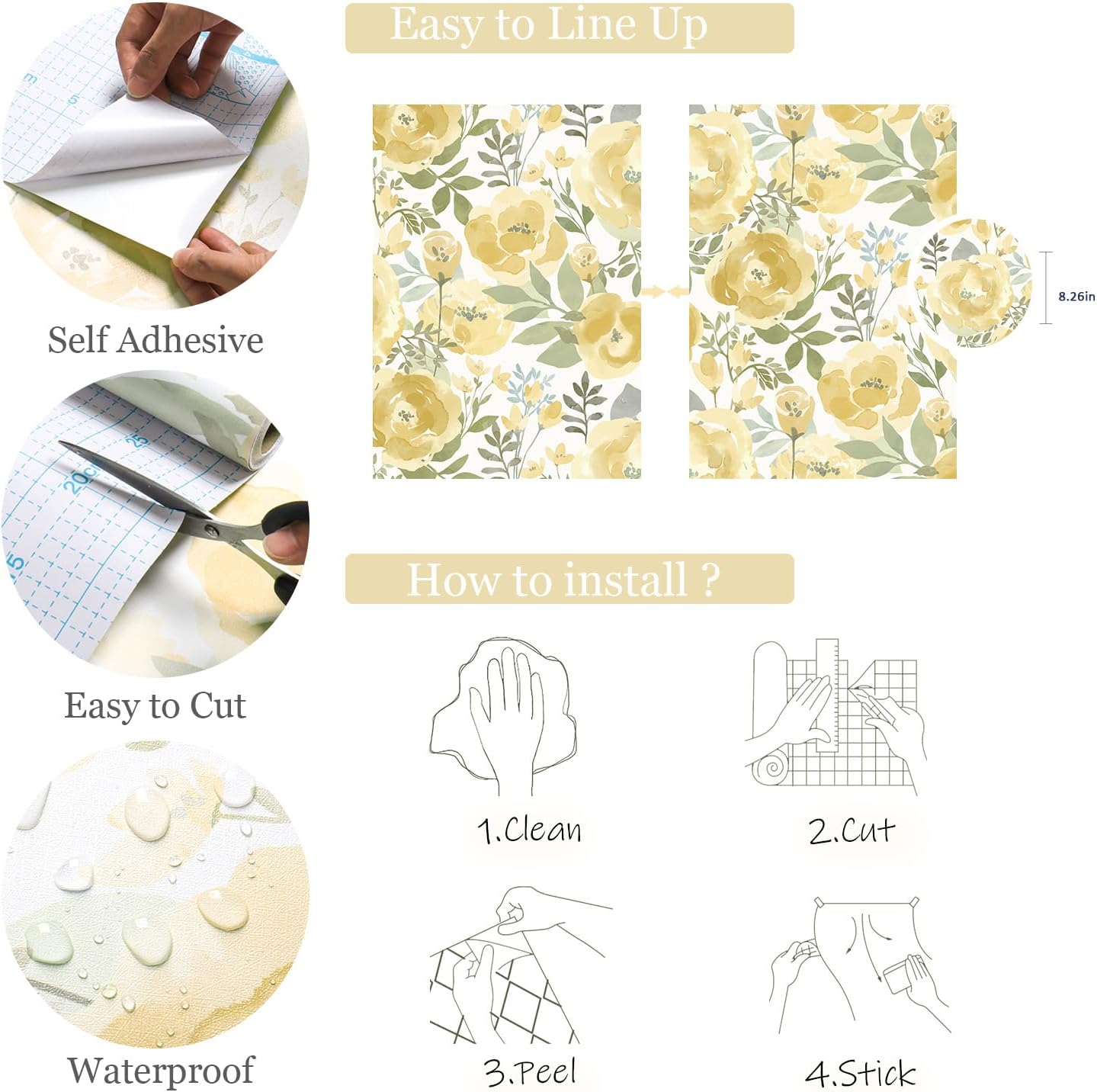 Peel and Stick Wallpaper Floral Wallpaper for Bedroom Yellow | 16.9inx118.1in Self Adhesive Wallpaper Contact Paper Decorative Wall Paper for Living Room Bathroom Decor Vinyl Removable