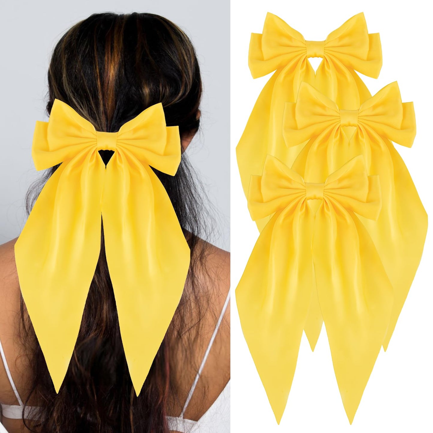 Silky Satin Hair Bows, Oversized Long Tail Bows with Barrette Clips, Coquette Hair Accessories for Women and Girls (Bright Yellow 3Pk)