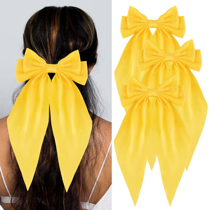 Silky Satin Hair Bows, Oversized Long Tail Bows with Barrette Clips, Coquette Hair Accessories for Women and Girls (Bright Yellow 3Pk)