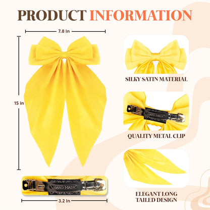 Silky Satin Hair Bows, Oversized Long Tail Bows with Barrette Clips, Coquette Hair Accessories for Women and Girls (Bright Yellow 3Pk)