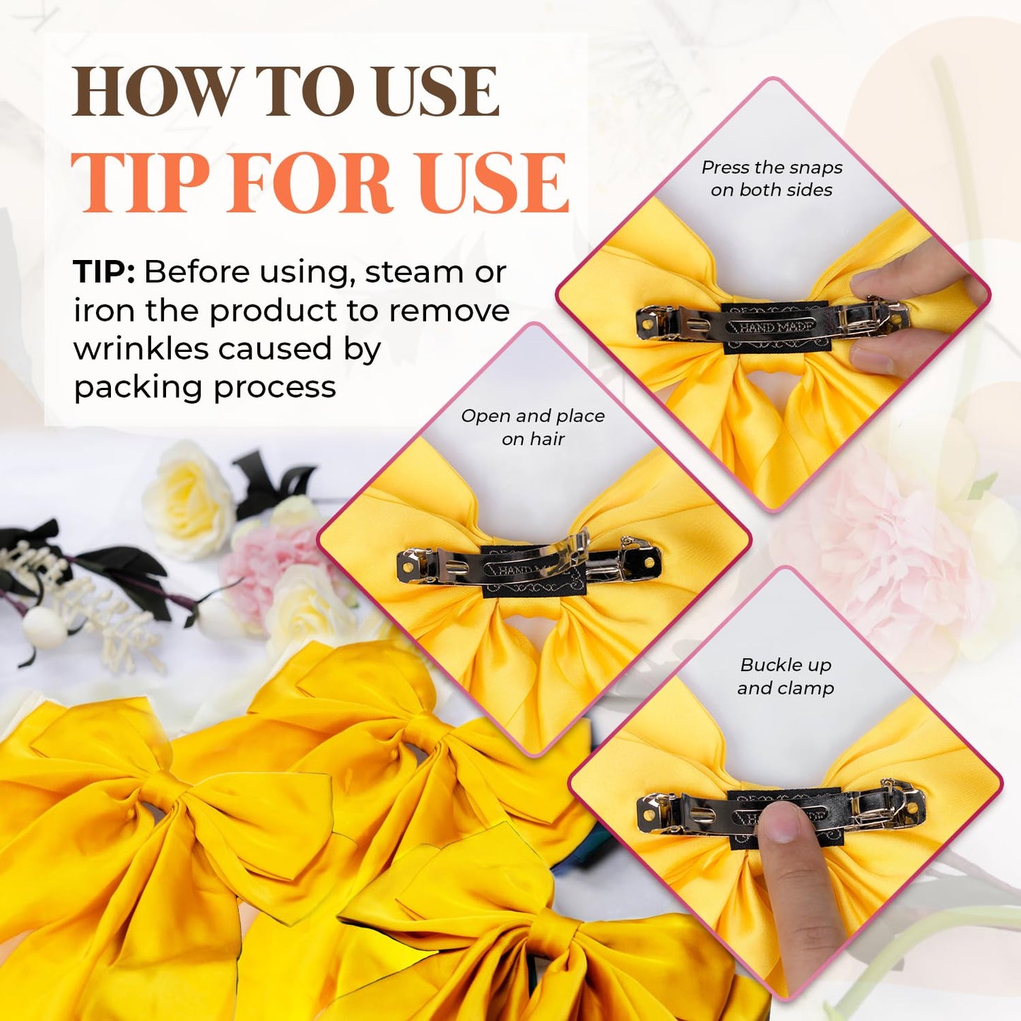 Silky Satin Hair Bows, Oversized Long Tail Bows with Barrette Clips, Coquette Hair Accessories for Women and Girls (Bright Yellow 3Pk)