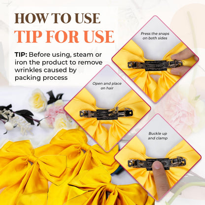 Silky Satin Hair Bows, Oversized Long Tail Bows with Barrette Clips, Coquette Hair Accessories for Women and Girls (Bright Yellow 3Pk)
