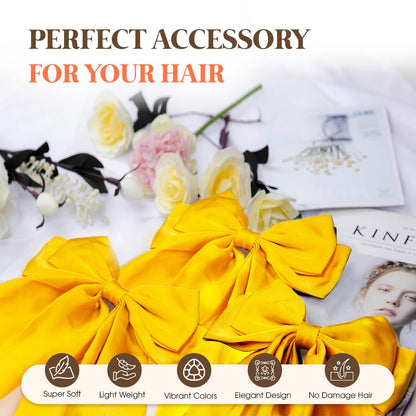 Silky Satin Hair Bows, Oversized Long Tail Bows with Barrette Clips, Coquette Hair Accessories for Women and Girls (Bright Yellow 3Pk)