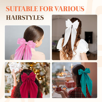 Silky Satin Hair Bows, Oversized Long Tail Bows with Barrette Clips, Coquette Hair Accessories for Women and Girls (Bright Yellow 3Pk)