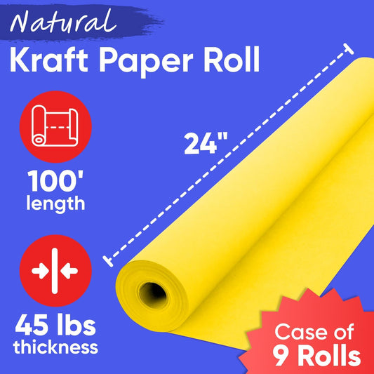 24" x 1200" (100 ft) Yellow Kraft Paper (Case of 9 Rolls), 45 lbs Thickness, Made in USA Kraft Paper for School, Art Colored Paper, Gift Wrapping Paper, Packing Paper for Moving