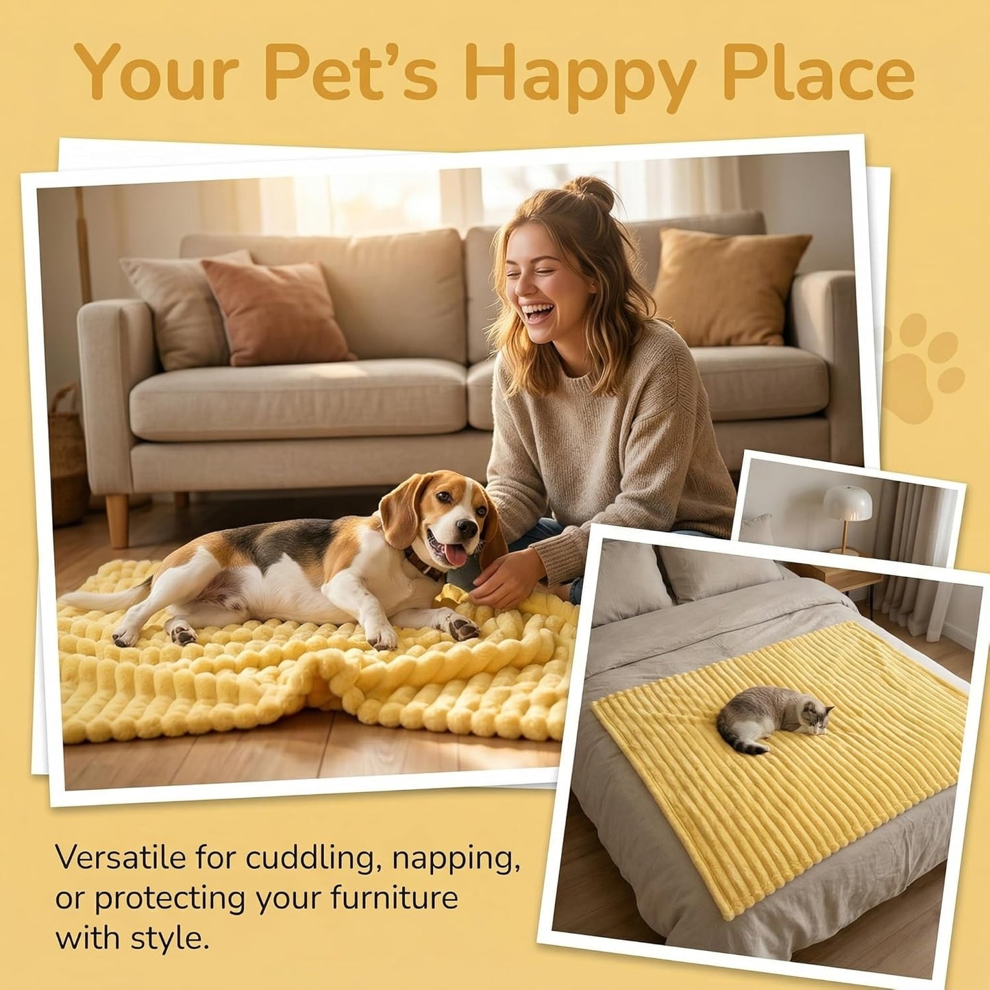 Emotional Support Blanket Yellow, Yellows Dog Blanket, Soft Faux Rabbit Fur for Dogs & Cats, Calming Security Blankets, Comfortable for Kennels, Sofas, Beds, Car Seats (Yellow,39.37″×59.05″)