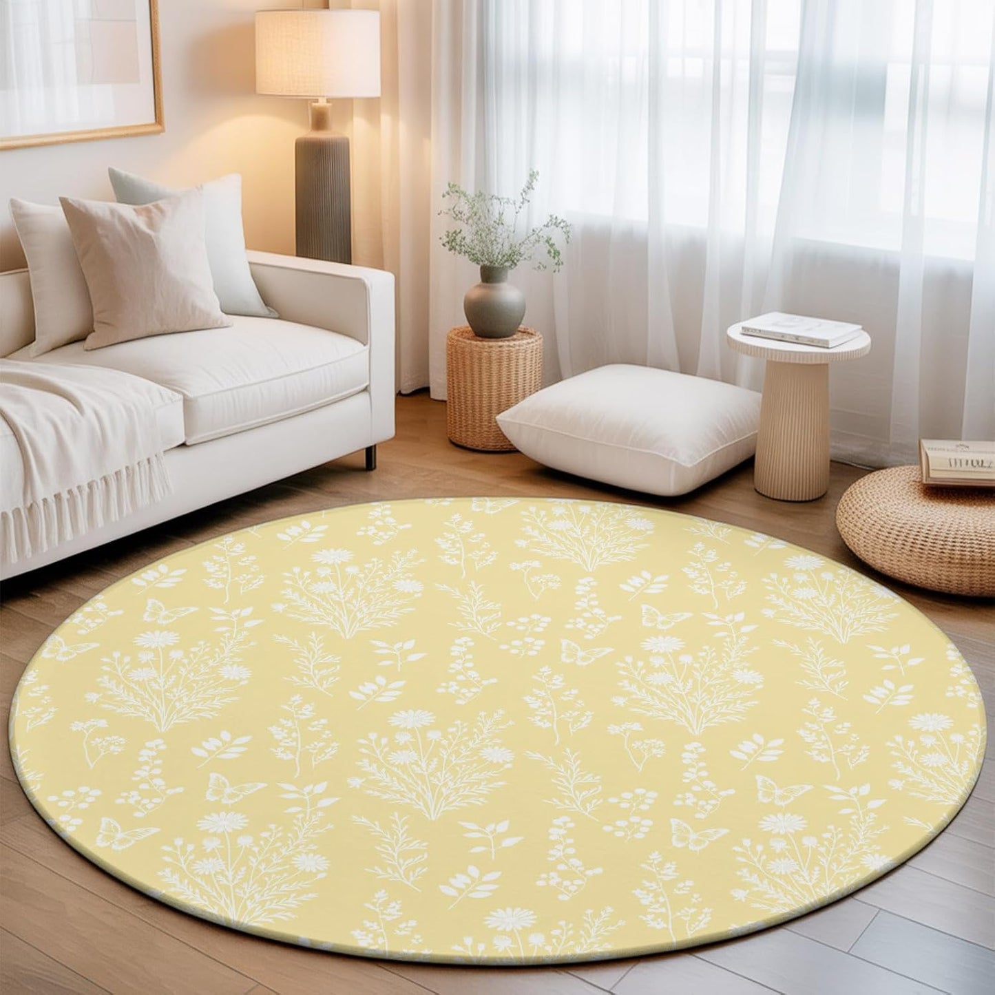Round Rugs 3Ft, Light Yellow Botanical Round Area Rug Washable Indoor Throw Carpet, Spring Summer Chic Wildflowers Small Non Slip Circle Rug for Bedroom Living Room Home Decor Aesthetic