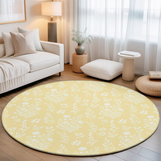 Round Rugs 3Ft, Light Yellow Botanical Round Area Rug Washable Indoor Throw Carpet, Spring Summer Chic Wildflowers Small Non Slip Circle Rug for Bedroom Living Room Home Decor Aesthetic