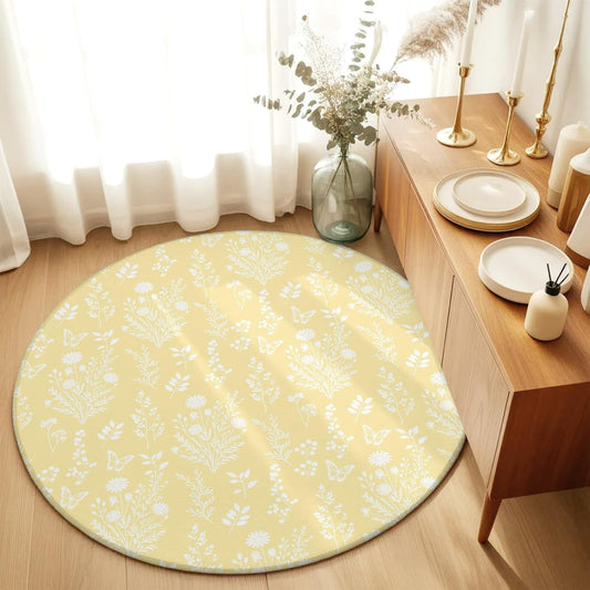 Round Rugs 3Ft, Light Yellow Botanical Round Area Rug Washable Indoor Throw Carpet, Spring Summer Chic Wildflowers Small Non Slip Circle Rug for Bedroom Living Room Home Decor Aesthetic