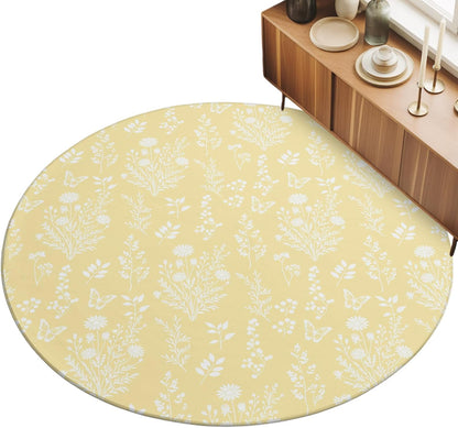 Round Rugs 3Ft, Light Yellow Botanical Round Area Rug Washable Indoor Throw Carpet, Spring Summer Chic Wildflowers Small Non Slip Circle Rug for Bedroom Living Room Home Decor Aesthetic