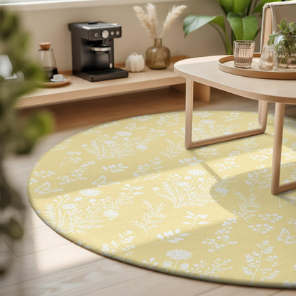 Round Rugs 3Ft, Light Yellow Botanical Round Area Rug Washable Indoor Throw Carpet, Spring Summer Chic Wildflowers Small Non Slip Circle Rug for Bedroom Living Room Home Decor Aesthetic