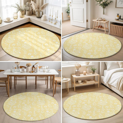 Round Rugs 3Ft, Light Yellow Botanical Round Area Rug Washable Indoor Throw Carpet, Spring Summer Chic Wildflowers Small Non Slip Circle Rug for Bedroom Living Room Home Decor Aesthetic
