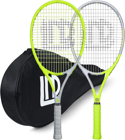Adults Tennis Racket 2 Pack, Durable 27 Inch Coupled Tennis Racquet Light-Weight, Pre-Strung and Regrip, Suitable for Beginners to Intermediate Players