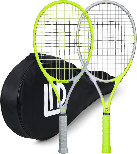 Adults Tennis Racket 2 Pack, Durable 27 Inch Coupled Tennis Racquet Light-Weight, Pre-Strung and Regrip, Suitable for Beginners to Intermediate Players