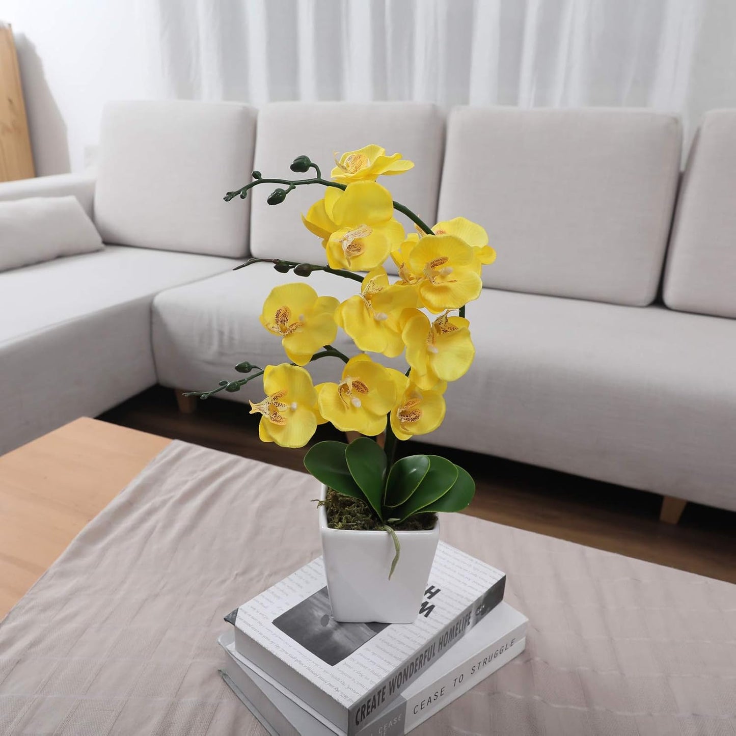 15" Silk Phalaenopsis Orchid in Square Pot, Yellow Flower Plant Arrangement | Lifelike Faux Potted Blooms with Moss in a Ceramic Planter. Looks Real, Zero Upkeep, Ideal Centerpiece for Any Table