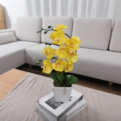 15" Silk Phalaenopsis Orchid in Square Pot, Yellow Flower Plant Arrangement | Lifelike Faux Potted Blooms with Moss in a Ceramic Planter. Looks Real, Zero Upkeep, Ideal Centerpiece for Any Table