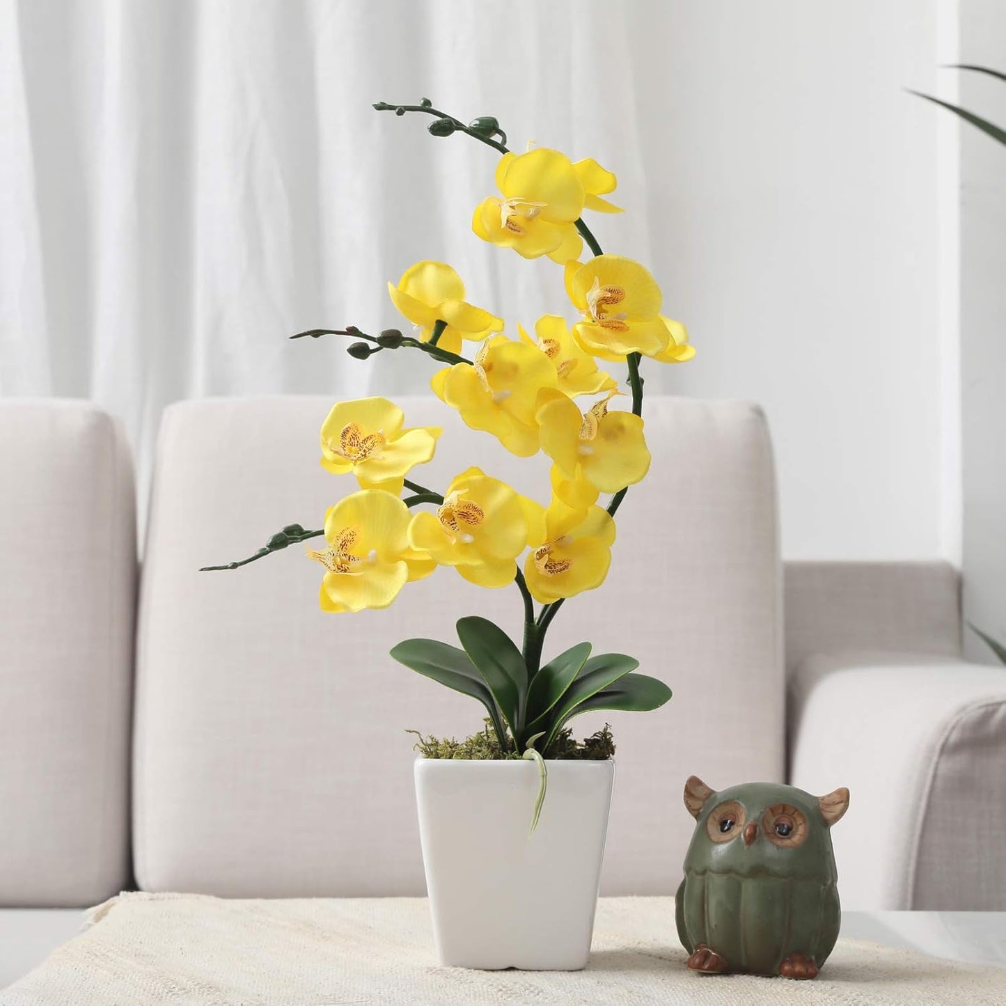 15" Silk Phalaenopsis Orchid in Square Pot, Yellow Flower Plant Arrangement | Lifelike Faux Potted Blooms with Moss in a Ceramic Planter. Looks Real, Zero Upkeep, Ideal Centerpiece for Any Table