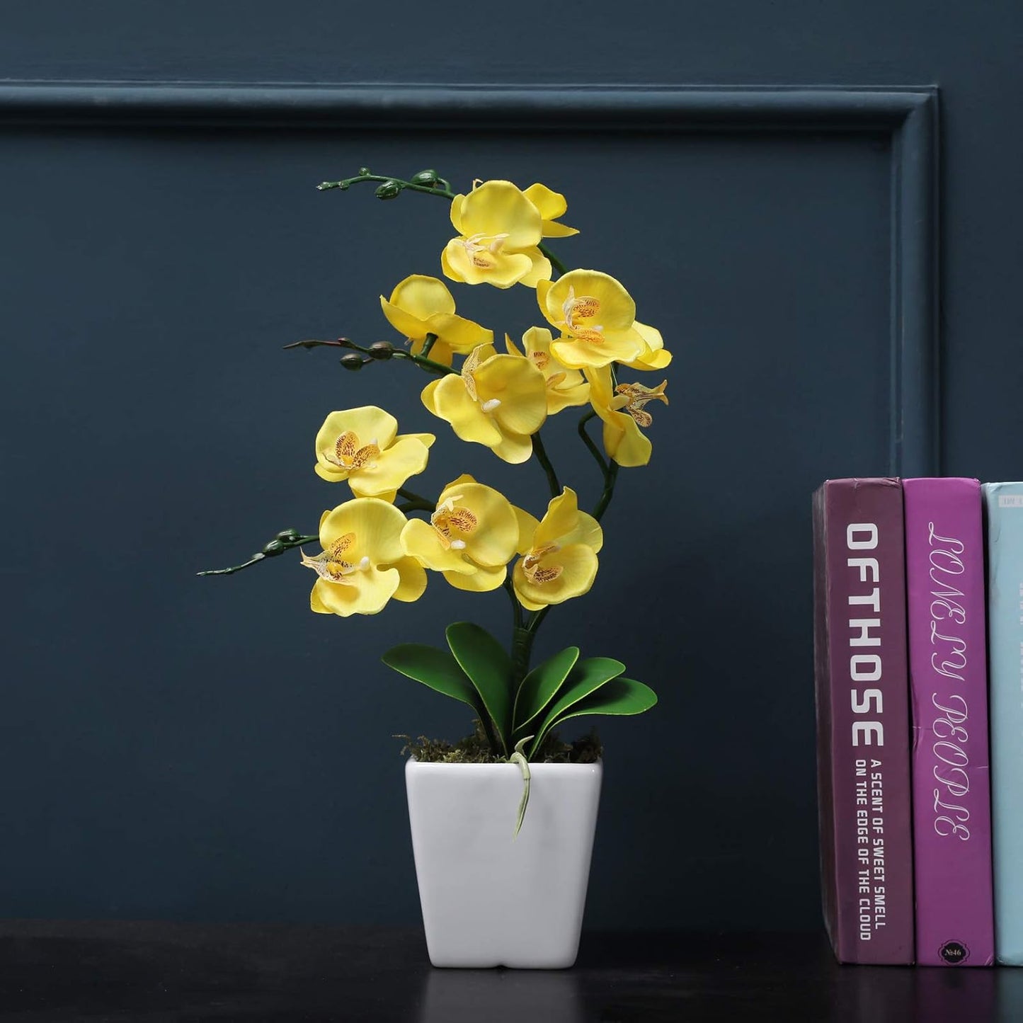 15" Silk Phalaenopsis Orchid in Square Pot, Yellow Flower Plant Arrangement | Lifelike Faux Potted Blooms with Moss in a Ceramic Planter. Looks Real, Zero Upkeep, Ideal Centerpiece for Any Table