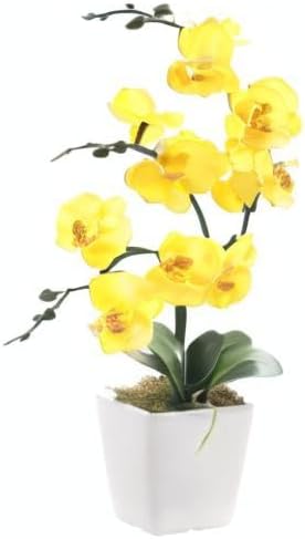 15" Silk Phalaenopsis Orchid in Square Pot, Yellow Flower Plant Arrangement | Lifelike Faux Potted Blooms with Moss in a Ceramic Planter. Looks Real, Zero Upkeep, Ideal Centerpiece for Any Table