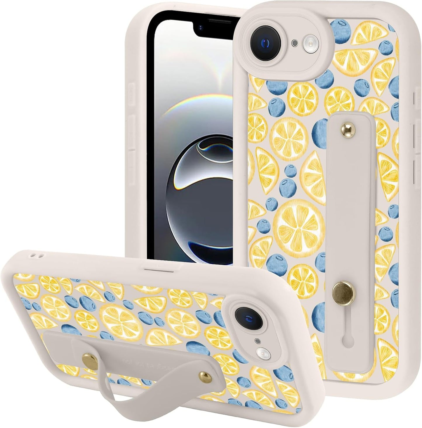 Summer Lemon Blueberry Phone Case for iPhone 17e/16e with Adjustable Soft Finger Hand Wrist Strap Holder Kickstand Silicone Shockproof Protection Funda for iPhone 17e/16e 6.1 Inch