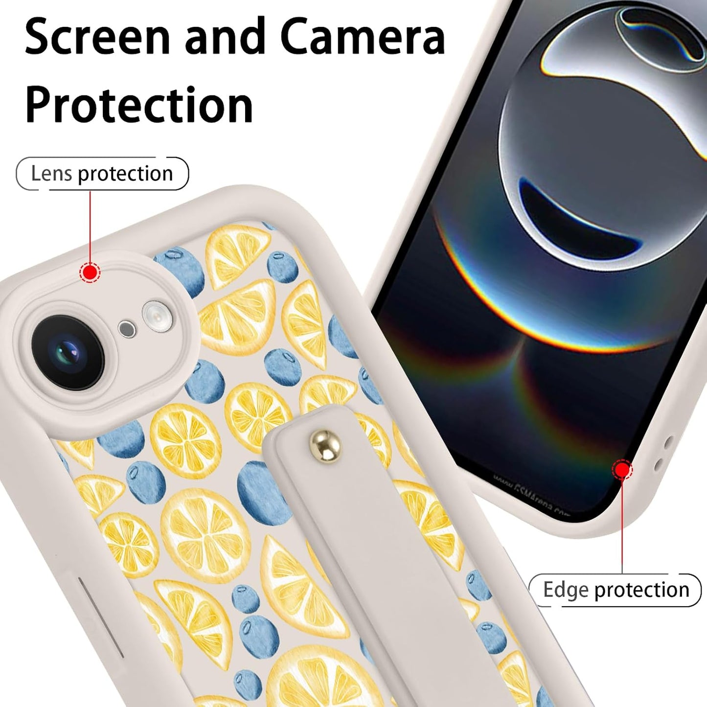 Summer Lemon Blueberry Phone Case for iPhone 17e/16e with Adjustable Soft Finger Hand Wrist Strap Holder Kickstand Silicone Shockproof Protection Funda for iPhone 17e/16e 6.1 Inch