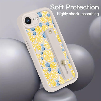 Summer Lemon Blueberry Phone Case for iPhone 17e/16e with Adjustable Soft Finger Hand Wrist Strap Holder Kickstand Silicone Shockproof Protection Funda for iPhone 17e/16e 6.1 Inch
