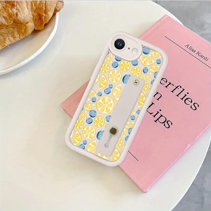 Summer Lemon Blueberry Phone Case for iPhone 17e/16e with Adjustable Soft Finger Hand Wrist Strap Holder Kickstand Silicone Shockproof Protection Funda for iPhone 17e/16e 6.1 Inch