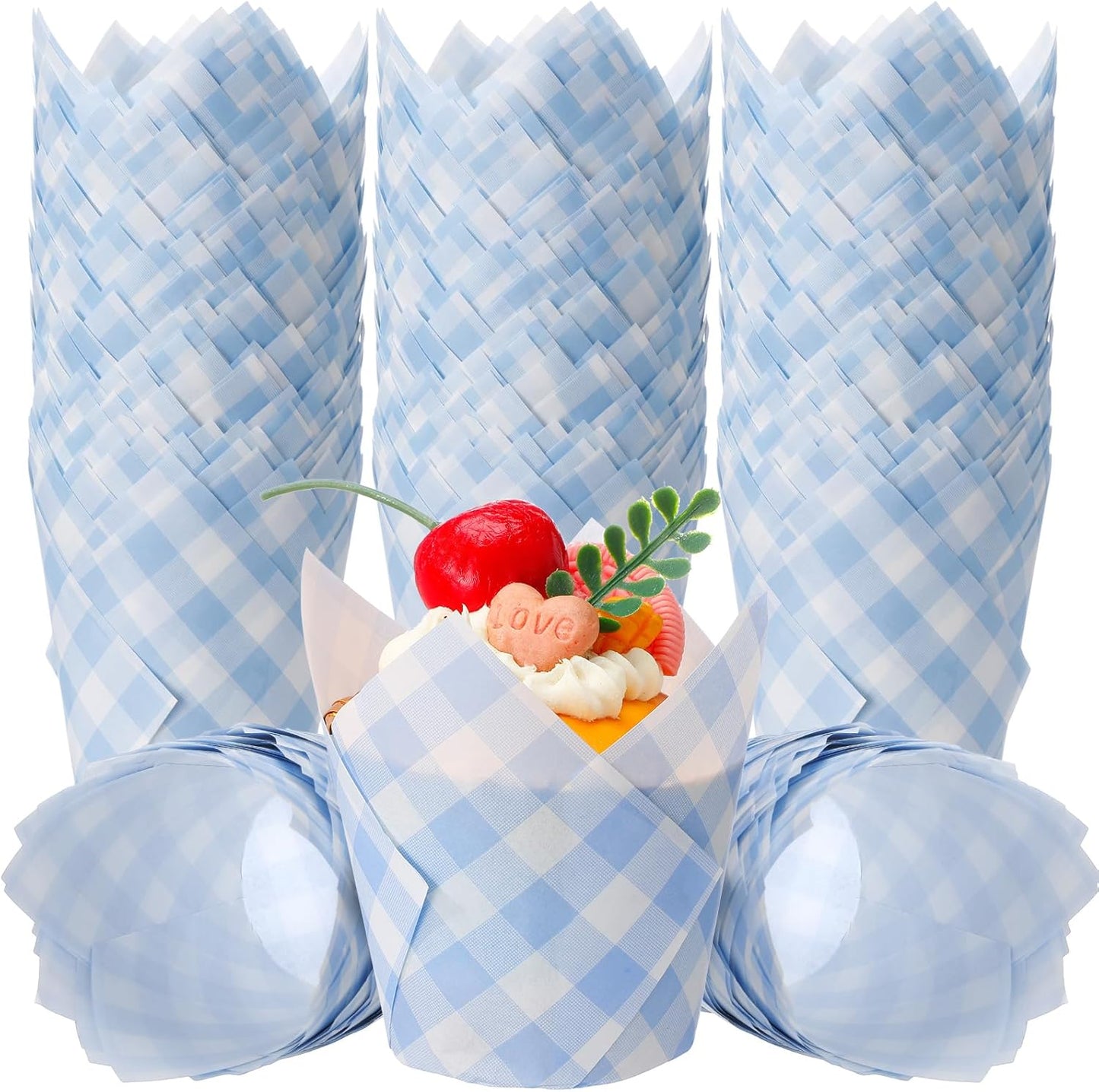 200 Pcs Blue Gingham Tulip Cupcake Liners for Baking Plaid Paper Muffin Baking Cups Checkered Tulip Muffin Liners Wrappers for Bridal Baby Shower Wedding Birthday Party Decor
