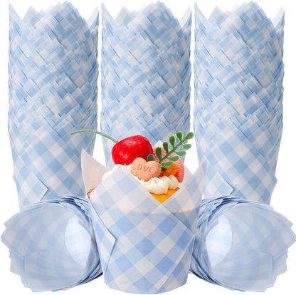 200 Pcs Blue Gingham Tulip Cupcake Liners for Baking Plaid Paper Muffin Baking Cups Checkered Tulip Muffin Liners Wrappers for Bridal Baby Shower Wedding Birthday Party Decor
