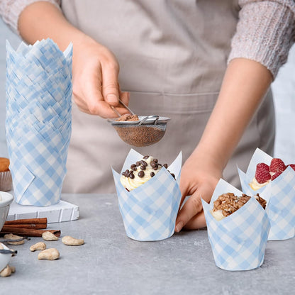 200 Pcs Blue Gingham Tulip Cupcake Liners for Baking Plaid Paper Muffin Baking Cups Checkered Tulip Muffin Liners Wrappers for Bridal Baby Shower Wedding Birthday Party Decor