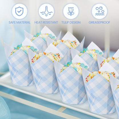 200 Pcs Blue Gingham Tulip Cupcake Liners for Baking Plaid Paper Muffin Baking Cups Checkered Tulip Muffin Liners Wrappers for Bridal Baby Shower Wedding Birthday Party Decor