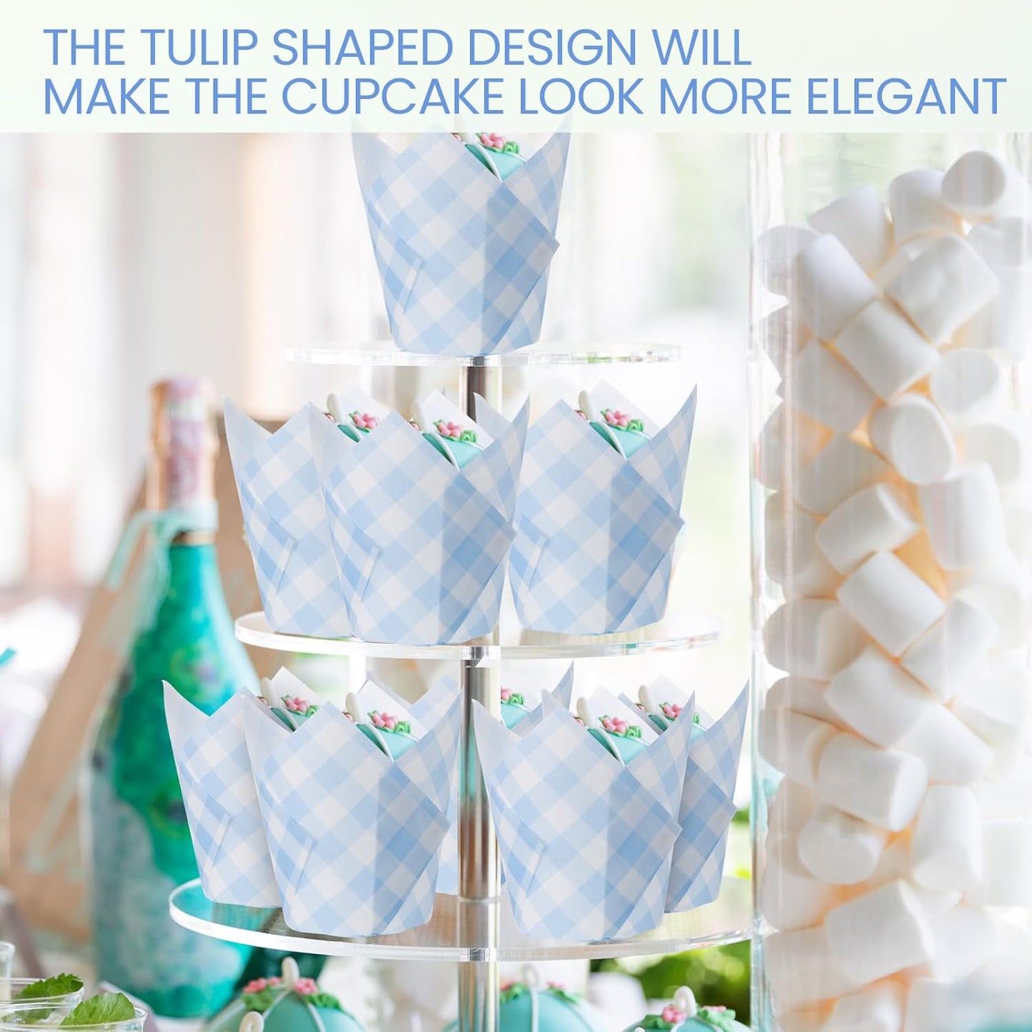 200 Pcs Blue Gingham Tulip Cupcake Liners for Baking Plaid Paper Muffin Baking Cups Checkered Tulip Muffin Liners Wrappers for Bridal Baby Shower Wedding Birthday Party Decor