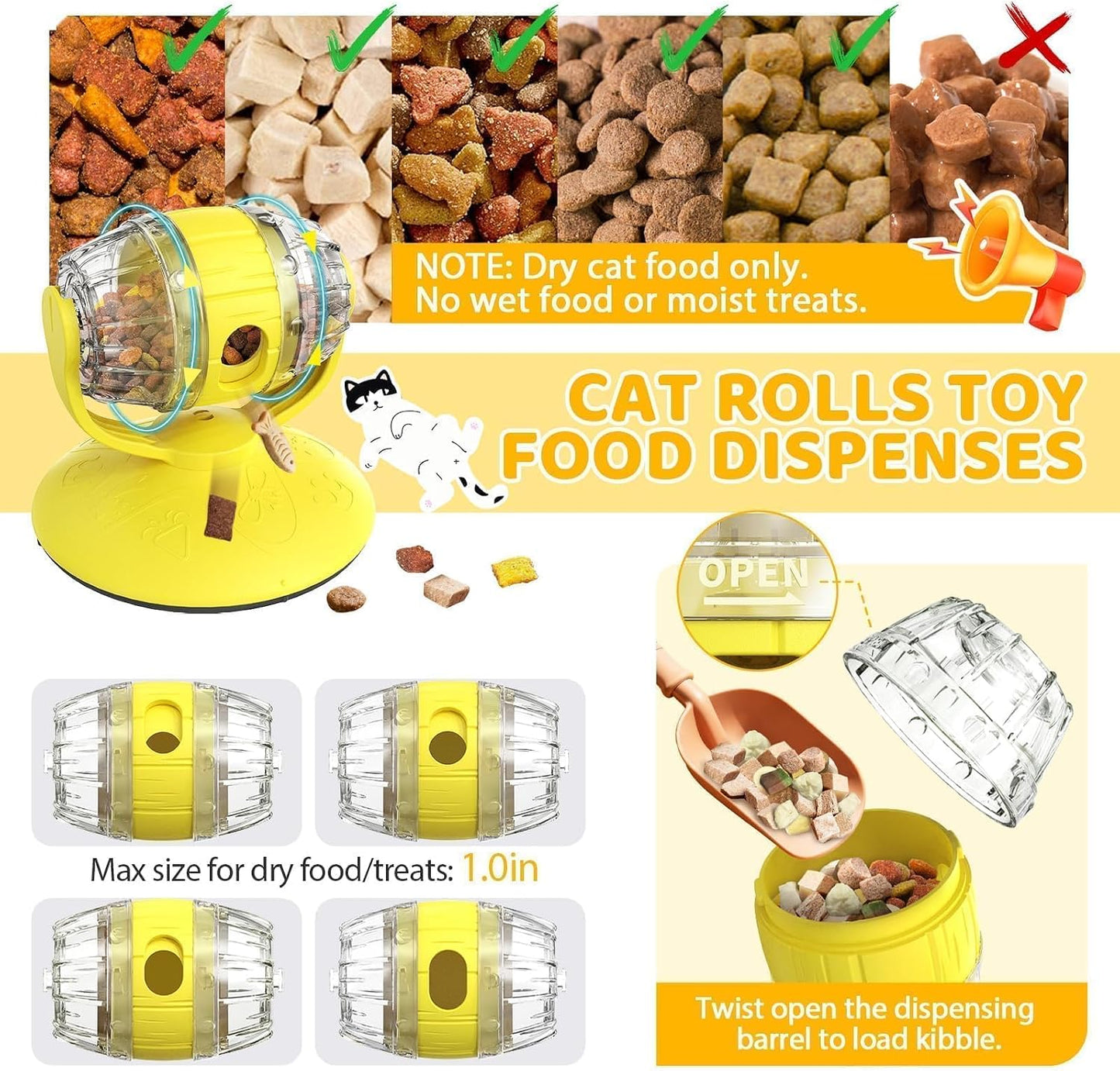 Interactive Cat Treats Dispenser Toy, Puzzle Feeder Food Dispenser, Kitty Interactive Enrichment Toys, Dispensing Foods Slow Feeder National Pet Day Gifts for Cats IQ Training, Yellow