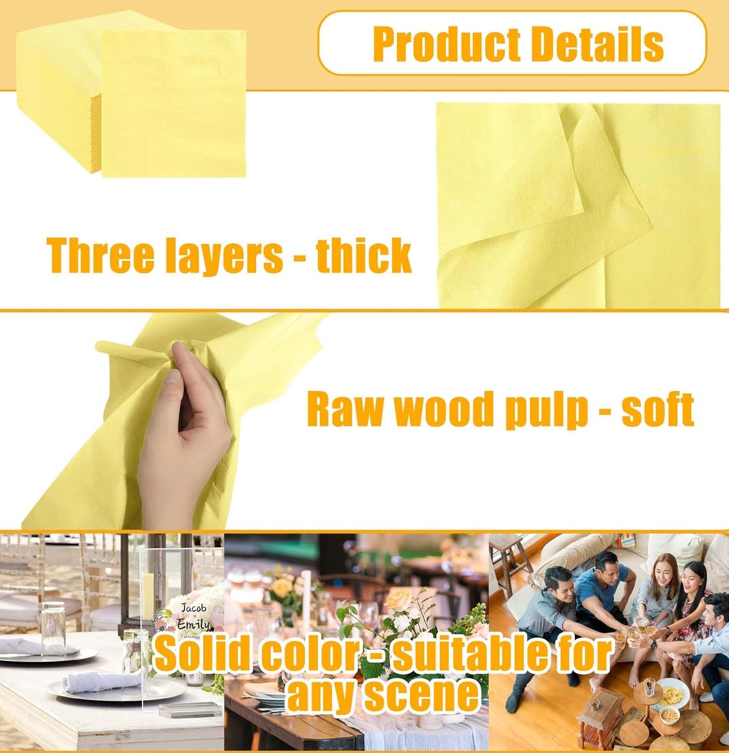 50 Pieces 3-ply Light Yellow Napkins Disposable Folded 5 x 5 Inches Cocktail Napkins Paper Napkins for Dinner Wedding Birthday Party Yellow Dessert Napkins