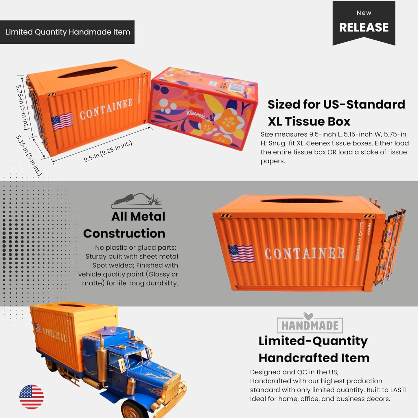 Shipping Container Tissue Box Cover – Sturdy All-Metal Construction, Fits XL US Tissue Boxes – Industrial Decor for Homes, Offices, Restaurants & Man Caves (Yellow)