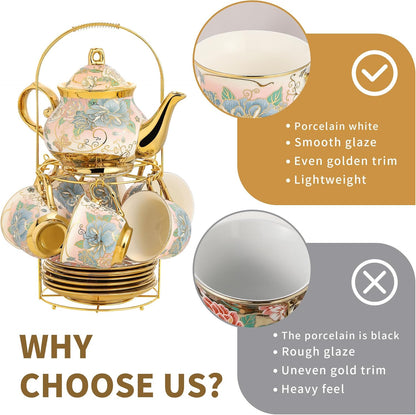 20 Pieces Porcelain Tea Set With Metal Holder, European Ceramic tea set for adults,Flower Tea Set,Tea Set For Women With Flower Painting (VIVID YELLOW, Largr Vision)